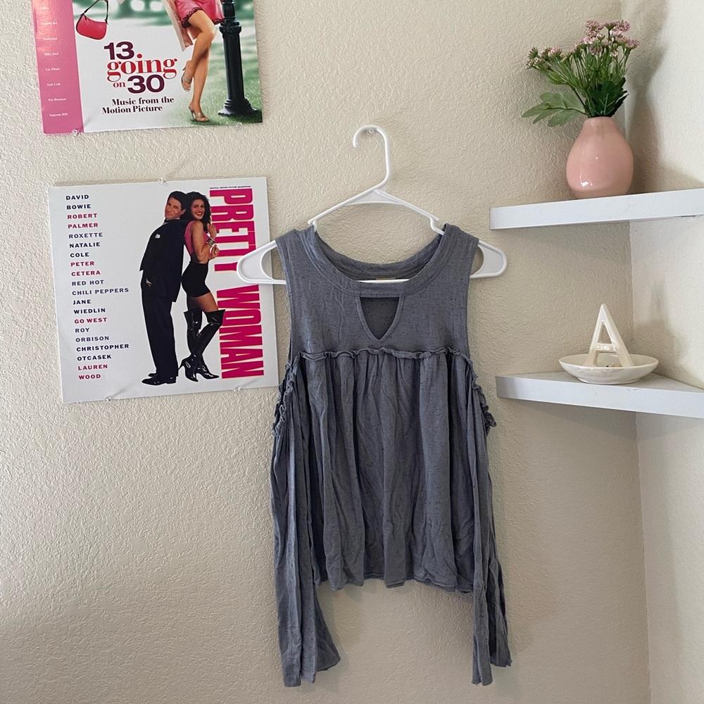 Gray, open shoulder, long sleeve shirt